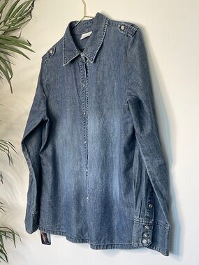 CHICO'S | Blue Denim Shirt | Rhinestone Buttons | Epaulettes | Size 2 | 22" PTP